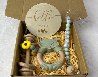 Personalised Baby Gift Box | 4 Piece Gift Set | Newborn Gift Basket Fox Daisy pacifier clipToy Dummy clip with name wood letter Baby gift