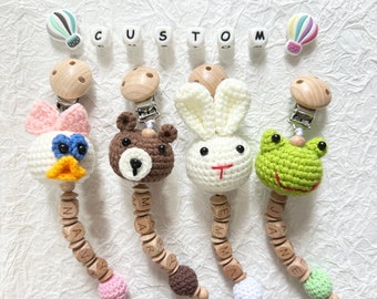 Personalised Knitted animals frog duck bear rabbit pacifier clip Dummy clip with name Wood letter Baby gift Newborn Gift