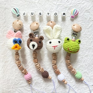 Clip para chupete de animales de punto personalizado, Rana, pato, oso, conejo, clip para chupete con nombre, letra de madera, regalo para bebé, regalo para recién nacido