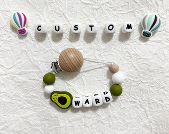 Personalised avocado Hot air balloon rainbow pacifier clip Dummy clip with name Silicone letter Baby gift Newborn Gift