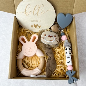 Caja de regalo personalizada para bebé / Juego de regalo de 4 piezas / Canasta de regalo para recién nacido Clip para chupete Clip para chupete de juguete con nombre Letra de madera Regalo de Navidad para bebé