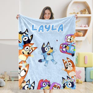 Custom Blue Dog Blanket with Name, Family Soft Cozy Sherpa Fleece Throw Blankets, Birthday Cartoon Blanket, Minky Blanket, Baby Shower Gift