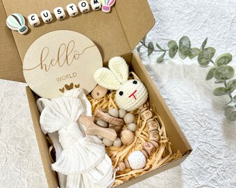 Personalised Baby Gift Box | 4 Piece Gift Set | Newborn Gift Basketbow Rabbit pacifier clipToy Dummy clip with name wood letter Baby gift