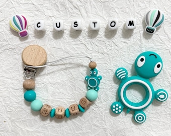 Personalised Tortoise pacifier clip Toy Set Dummy clip with name wood letter Baby gift Newborn Gift