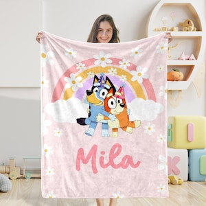 Pink Blue Dog Blanket With Name, Personalized Rainbow Collage Blanket, Minky Baby Girl Blanket with Text, Baby Shower Gift, Cartoon Swaddle