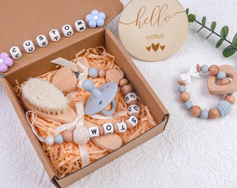 Personalised Baby Gift Box | 5 Piece Gift Set | Newborn Gift Basket love heart  pacifier clipToy Dummy clip with name wood letter Baby gift