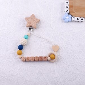 Clip de chupete Animal Star personalizado, clip ficticio de juguete con nombre, letra de madera, regalo para bebés, cadena ficticia para bebés de madera, baby shower, regalo para recién nacidos