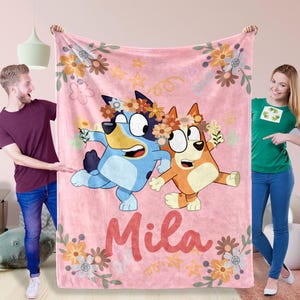 Custom Pink Blue Dog Blanket with Name, Personalized Baby Girl Flowers Blanket, Birthday Cartoon Blanket, Minky Blanket, Baby Shower Gift