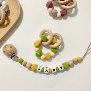 Personalised pacifier clip Set Toy Dummy clip with name Silicone letter Baby gift Avocado green