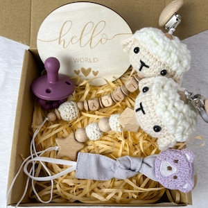 Caja de regalo personalizada para bebé / Juego de regalo de 5 piezas / Canasta de regalo para recién nacido Clip para chupete de oveja Clip para chupete de juguete con nombre Letra de madera Regalo para bebé