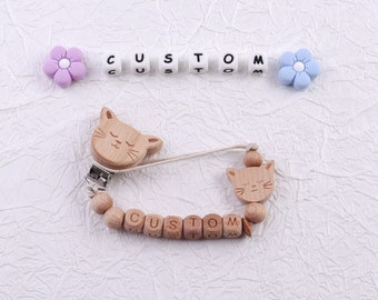 Gepersonaliseerde CAT vogel ster leeuw maan konijn wolk regenboog fopspeen clip Toy Dummy clip met naam houten letter Baby cadeau pasgeboren cadeau