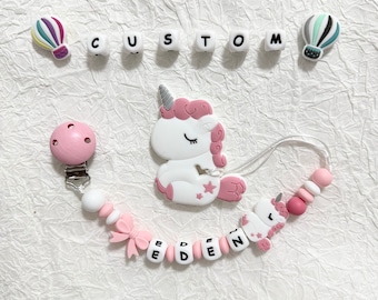 Personalised Unicorn pacifier clip Toy Set Dummy clip with name Silicone letter Baby gift Newborn Gift