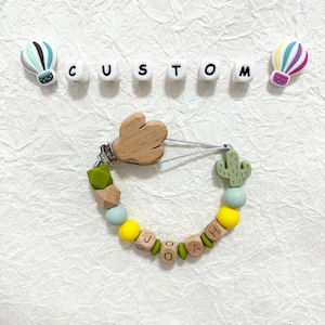 Pinza para chupete personalizada, clip para chupete de juguete de Cactus con nombre, letra de madera, regalo para bebé, regalo para recién nacido