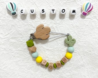 Personalised pacifier clip Cactus Toy Dummy clip with name wood letter Baby gift Newborn Gift