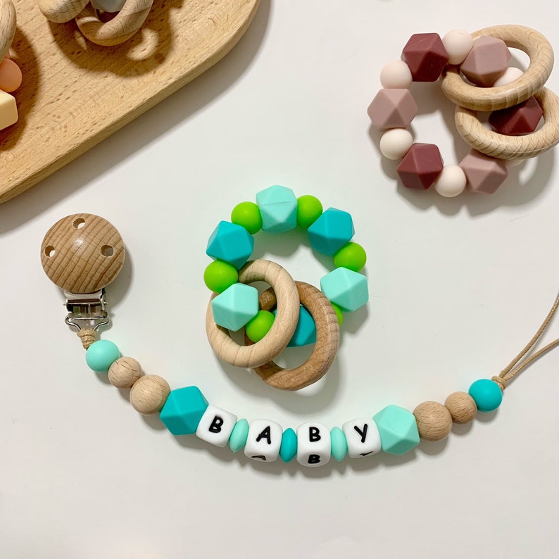 Personalised pacifier clip Set Toy Dummy clip with name Silicone letter Baby gift Green
