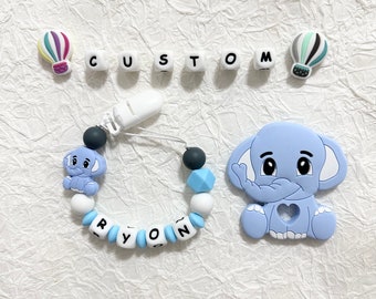 Personalised Elephant pacifier clip Toy Set Dummy clip with name Silicone letter Baby gift Newborn Gift