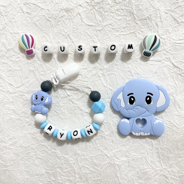 Personalised Elephant pacifier clip Toy Set Dummy clip with name Silicone letter Baby gift Newborn Gift