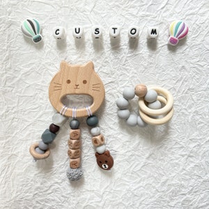 Pinza para chupete de gatos personalizada, juego de juguete, pinza para chupete con nombre, letra de madera, regalo para bebé, regalo para recién nacido