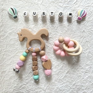 Clip para chupete de unicornio personalizado, juego de juguete, clip para chupete con nombre, letra de madera, regalo para bebé, regalo para recién nacido