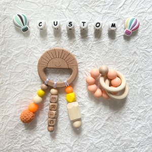 Clip para chupete de sol personalizado, juego de juguete, clip para chupete con nombre, letra de madera, regalo para bebé, regalo para recién nacido