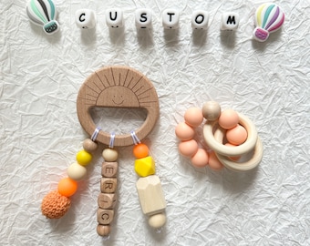 Personalised Sun pacifier clip Toy Set Dummy clip with name Wood letter Baby gift Newborn Gift