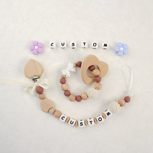 Clip de chupete personalizado Set Toy Dummy clip con nombre Letra de silicona Regalo de bebé Chupete Titular Bebé niña / niño regalo Coming Home regalo