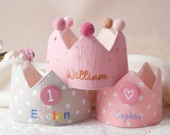 Personalisierte Geburtstagskrone mit Namen, Hand bestickter Baby erster Geburtstag Partyhut, Name & Alter Geburtstagskrone, Kleinkind-Geburtstagskrone