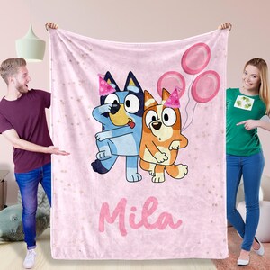 Pink Blue Dog Blanket With Name, Custom Baby Blanket for Boys & Girls, Minky Blanket, Baby Shower Gift, Cartoon Swaddle, Birthday Gift