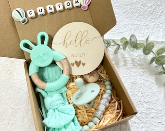 Personalised Baby Gift Box | 5 Piece Gift Set | Newborn Gift Basket pacifier clip bowToy Dummy clip with name Silicone letter Baby gift