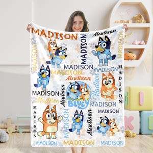 Custom Blue Dog Blanket With Name, Blue Dog Collage Blanket With Text,Minky Baby Boy Blanket,Baby Shower Gift,Cartoon Swaddle, Birthday Gift