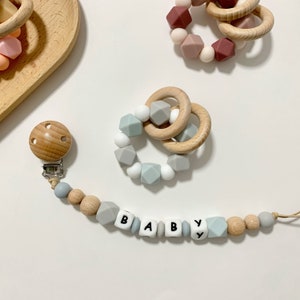 Personalised pacifier clip Set Toy Dummy clip with name Silicone letter Baby gift Grey