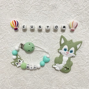 パーソナライズされたおしゃぶりクリップセット フォックスおもちゃのおしゃぶり プラスチック文字クリップ 名前入り ベビーギフト
