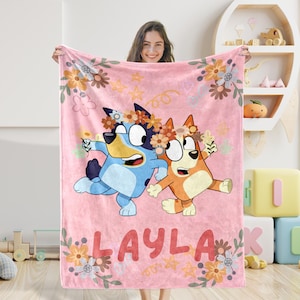 Floral Blue Dog Blanket With Name, Custom Baby Blanket for Boys & Girls, Minky Blanket, Baby Shower Gift, Cartoon Swaddle, Birthday Gift