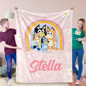 Rainbow Blue Dog Blanket with Name, Minky Baby/Kid/Youth/Adult Blanket, Custom Name Blue Pink Dogs Throw,Baby Shower Blanket,Cartoon Swaddle
