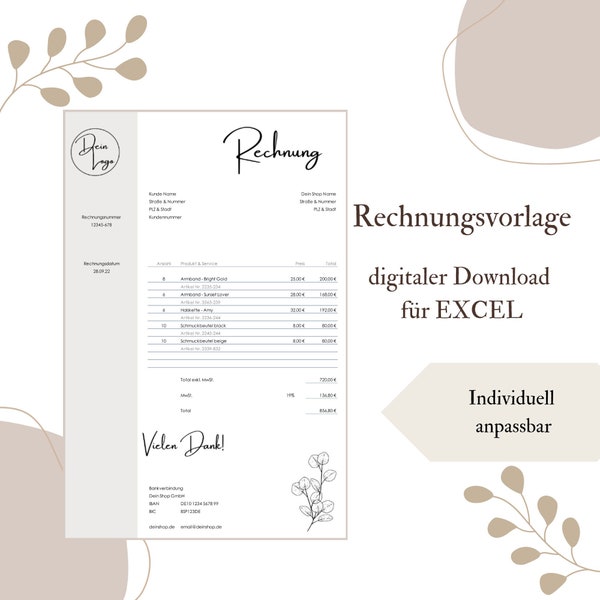 Rechnungsvorlage digital & personalisiert als Excel Download für dein Unternehmen - Digitales Produkt in DEUTSCH