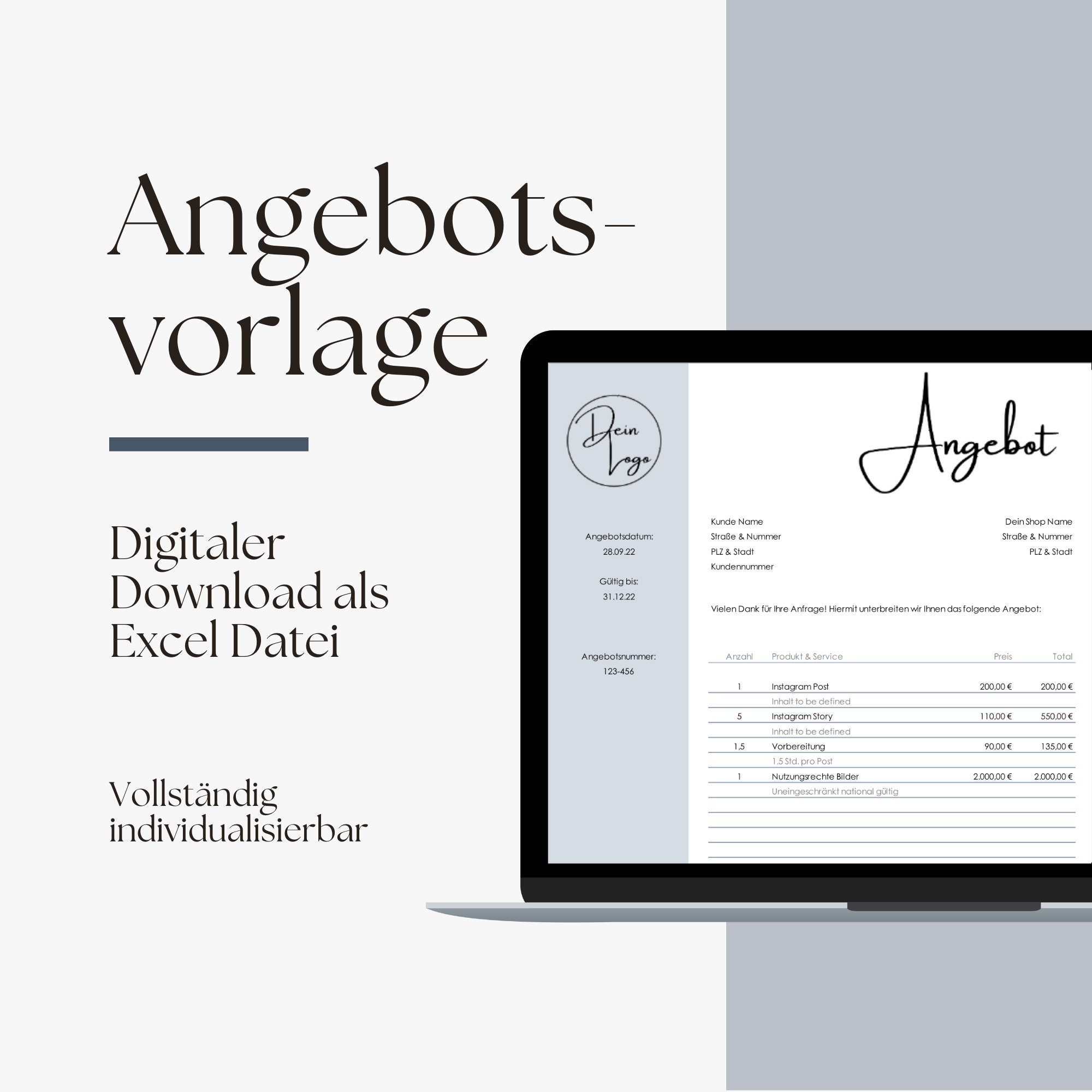 Offer template digital & personalized as Excel download for your company - digital product in German
