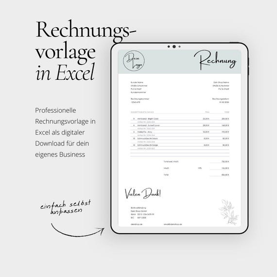 Rechnungsvorlage digital & personalisiert als Excel Download für dein Unternehmen digitale Rechnung in Deutsch
