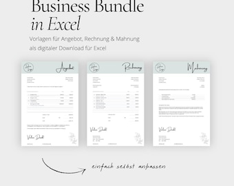 Paquete empresarial con plantillas de Excel para cotizaciones, facturas y recordatorios de pago para tu empresa. Plantilla digital en alemán.