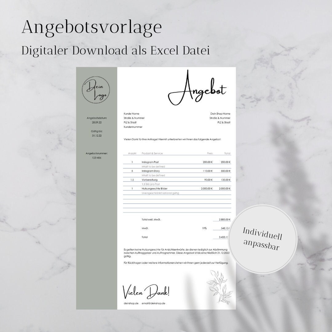 Angebotsvorlage digital & personalisiert als Excel Download für dein ...