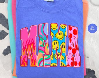 Chemise 90's Mama Summer Comfort Colors® | Coquette preppy maman néon sourire visage ondulé plage vacances t-shirt | Chemise d'été lumineuse