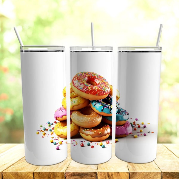 3D Glazed Donut Stack Doughnuts 20 oz Skinny Tumbler | Straight And Tapered Tumbler Wrap Sublimation Design | Instant Digital Download PNG