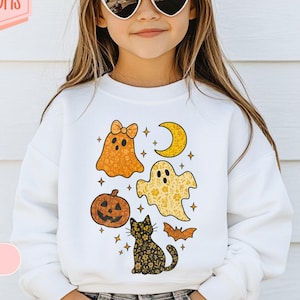 Cute Halloween Kids Sweatshirt | Cat Ghost Tee Shirt | Girls Shirt | Spooky Season Kids Shirt | Halloween Toddler Shirt Sweatshirt Outfit