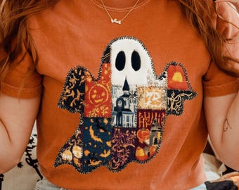T-shirt Halloween-patchwork Ghost Comfort Colors® | Vintage Halloween-quilt spook T-shirt | Spookshirt | Retro Halloween-shirt spooky herfst