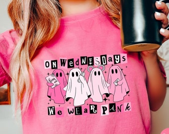 On Wednesdays We Wear Pink Comfort Colors® Tee Shirt, Mean Girl Halloween Shirt Sweatshirts, Cute Pink Ghost Mean Girls Halloween Shirt