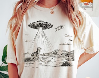 Camiseta UFO Cat Comfort Colors®, camiseta retrô vintage western, camiseta engraçada de gato, camiseta gráfica alienígena grande, camiseta feminina viral meme UFO Cat
