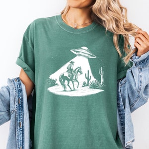 Western Cowboy UFO Comfort Colors® Tshirt, Vintage Cowboy Alien T-shirt, Vintage 90s Shirt, Washed Shirt, Vintage Alien Shirt, Horse Shirt