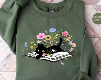 Floral Black Cat Sweatshirt | Cat Lover Tee TShirt | Bookworm Book Lover Shirt | Bookish Cat Shirt | Cute Cat Tee Shirts Sweatshirt | Gifts