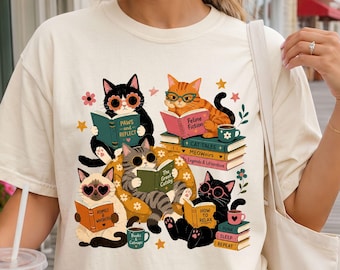 Retro Cats Reading Comfort Colors® Shirt | Cat Lover TShirt | Book Lover Tee Shirt | Reading Club Shirt | Cats And Books Reader Shirt
