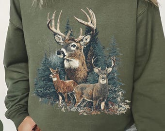 Felpa con cervo vintage anni '90 / Felpa con grafica cacciatore di cervi / Felpa con animali della foresta cacciatore / Felpa con grafica estetica della natura Y2K