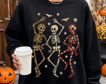 Vintage tanzende Skelette Sweatshirt | Retro Halloween T-Shirt | Y2K Halloween | Fall Skeletons übergroßes Frauen-Shirt-Sweatshirt